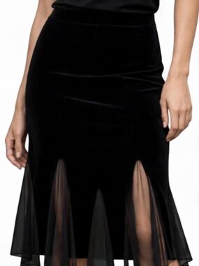 Vintage Black Velvet Midi Flare Skirt Small Whimsigoth Sheer Panel Wedding Guest